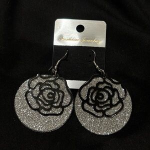 Silver Glitter & Black Rose Earrings